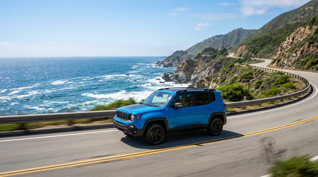 Jeep Renegade en circulation sur une route panoramique