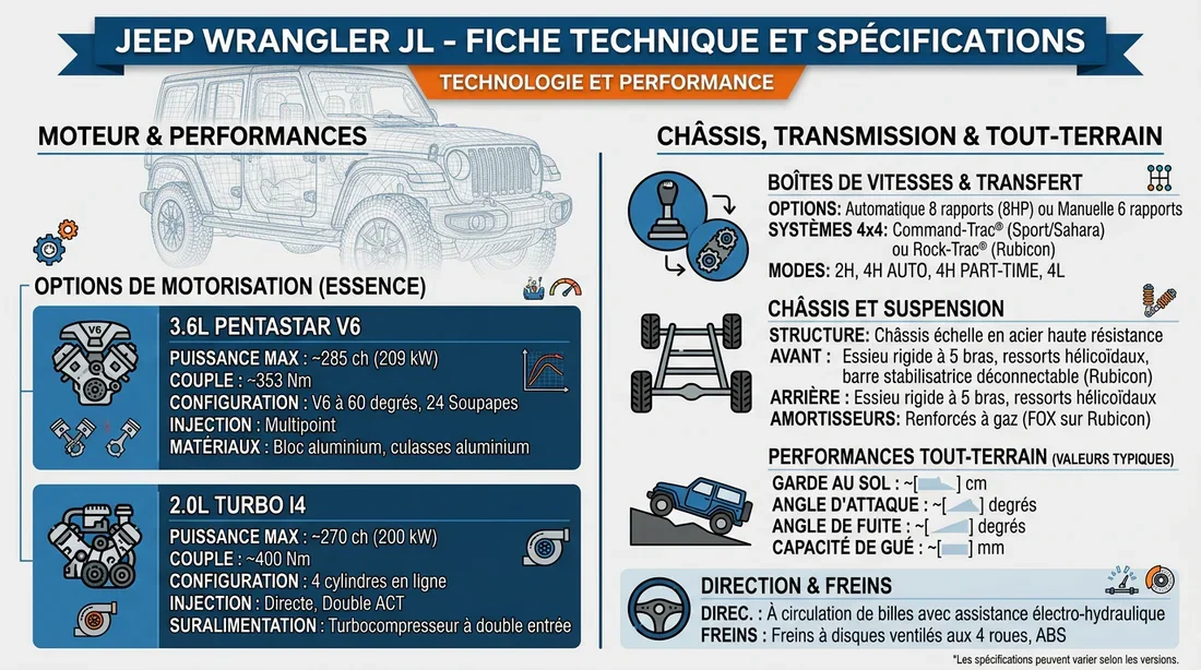Fiche technique Jeep Wrangler JL Infographie des caractéristiques techniques du moteur et châssis Jeep Wrangler JL