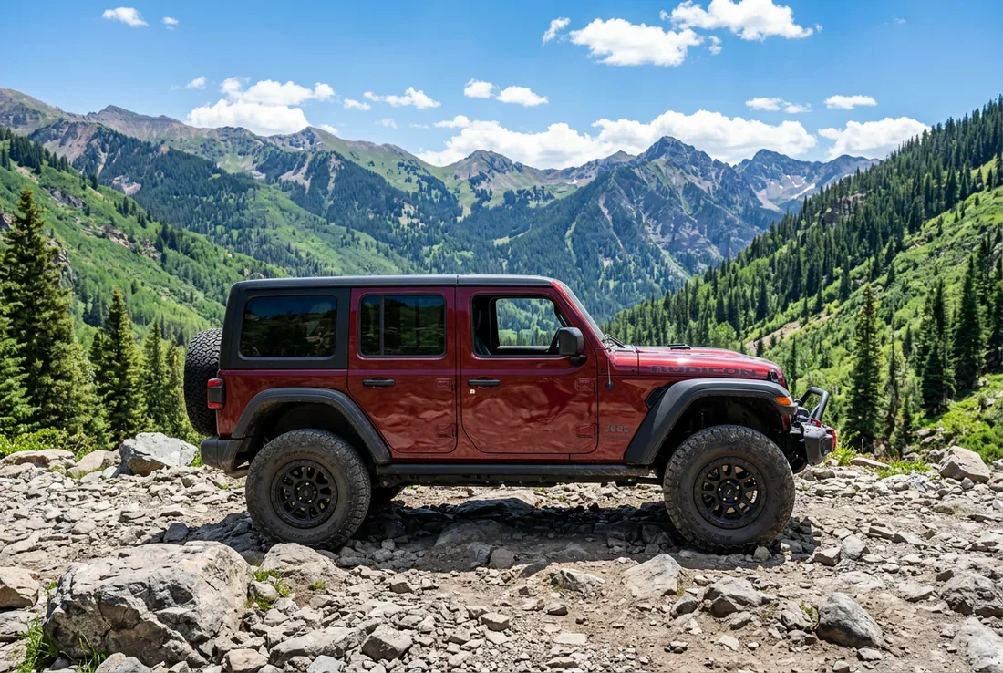 Jeep Wrangler JL en pleine nature Jeep Wrangler JL en pleine aventure tout-terrain au coucher du soleil