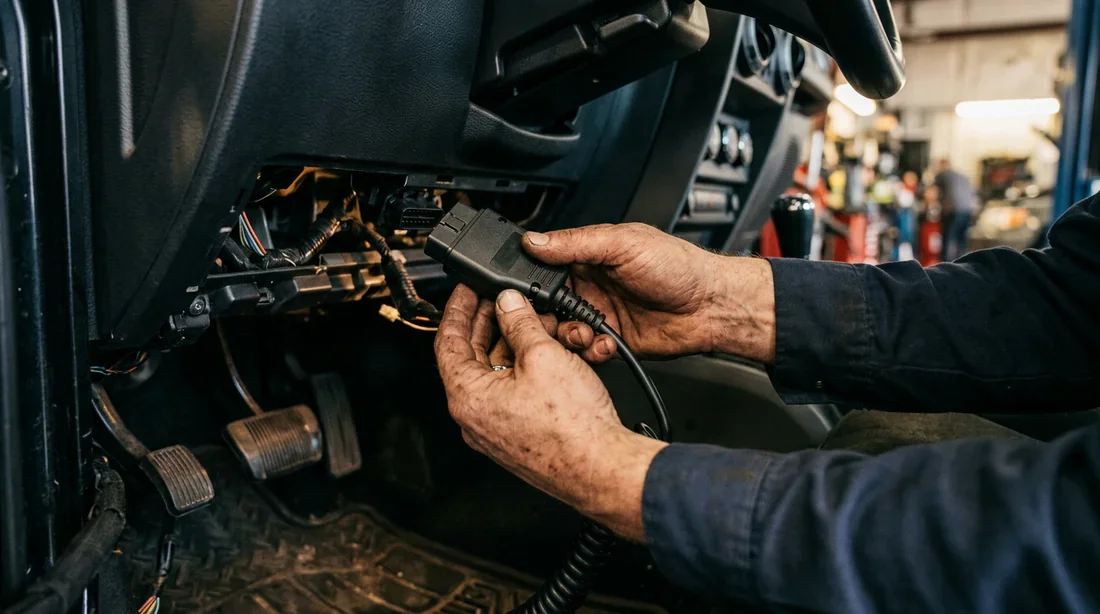 Branchement d'une valise de diagnostic OBD2 sur la prise sous le tableau de bord d'un Jeep Wrangler