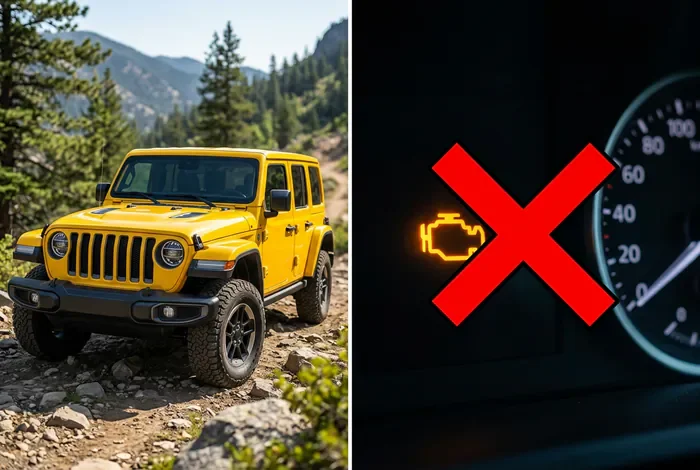 Miniature séparée avec Jeep Wrangler jaune et voyant moteur orange sous une croix rouge