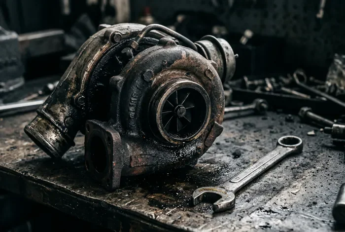 Gros plan sur un turbo diesel encrassé avec des outils de réparation.