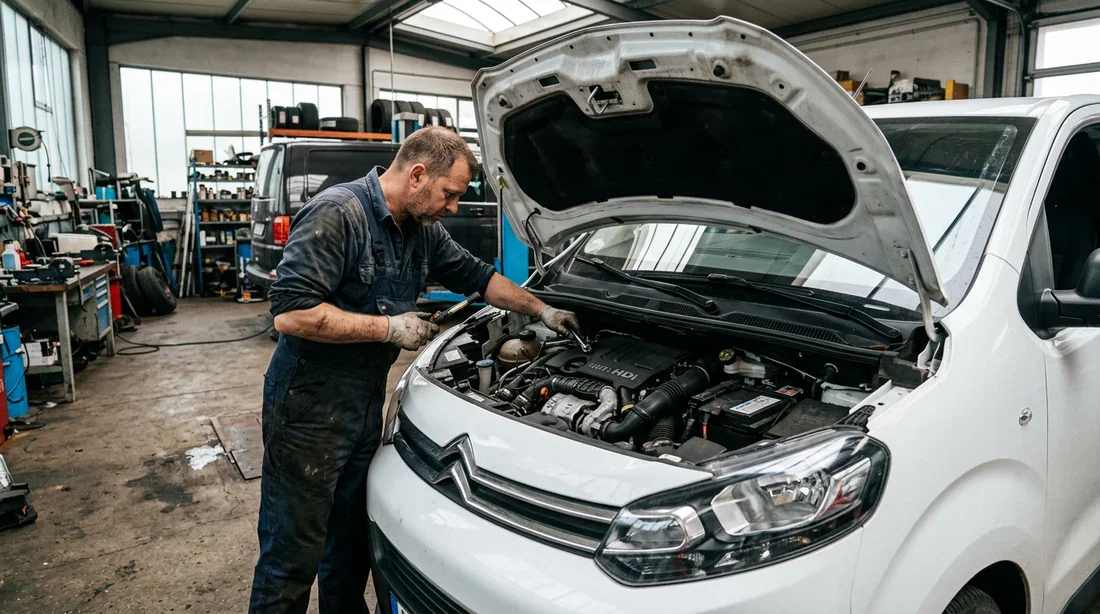 Diagnostic moteur Citroën Jumpy Un mécanicien examinant le moteur d'un Citroën Jumpy blanc dans un atelier.