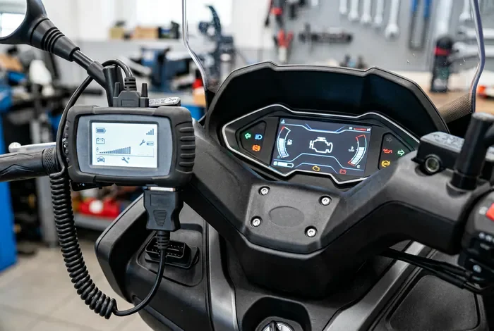 Diagnostic électronique sur le tableau de bord du Kymco X-Town 125