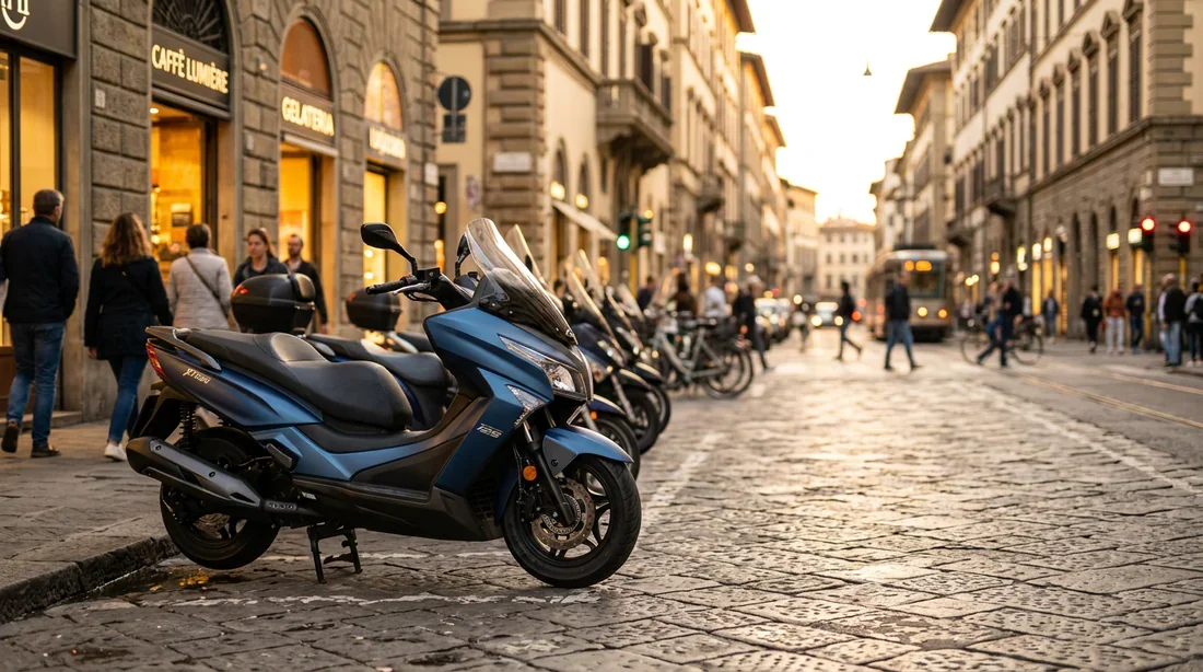 Scooter Kymco X-Town 125 garé dans une rue urbaine moderne