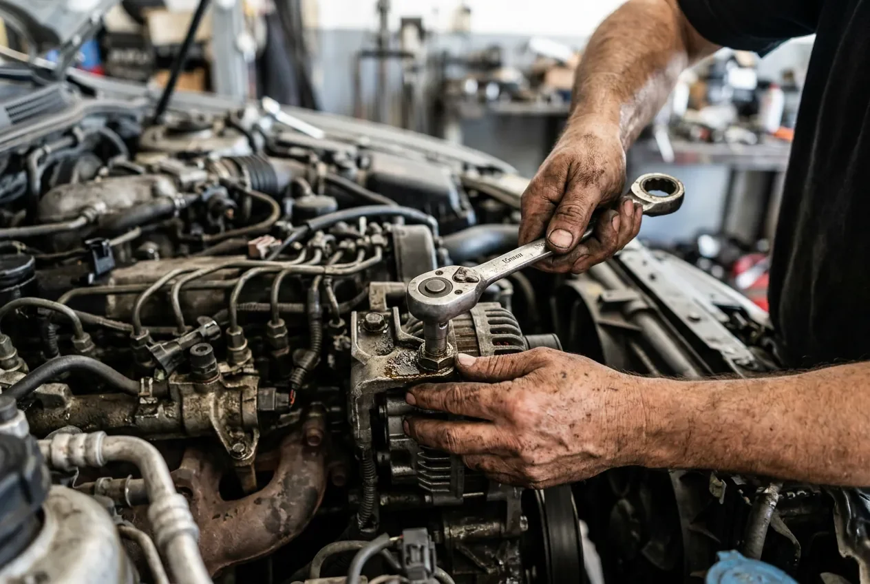 Entretien préventif du moteur Renault K4M Mécanicien effectuant l'entretien d'un moteur automobile
