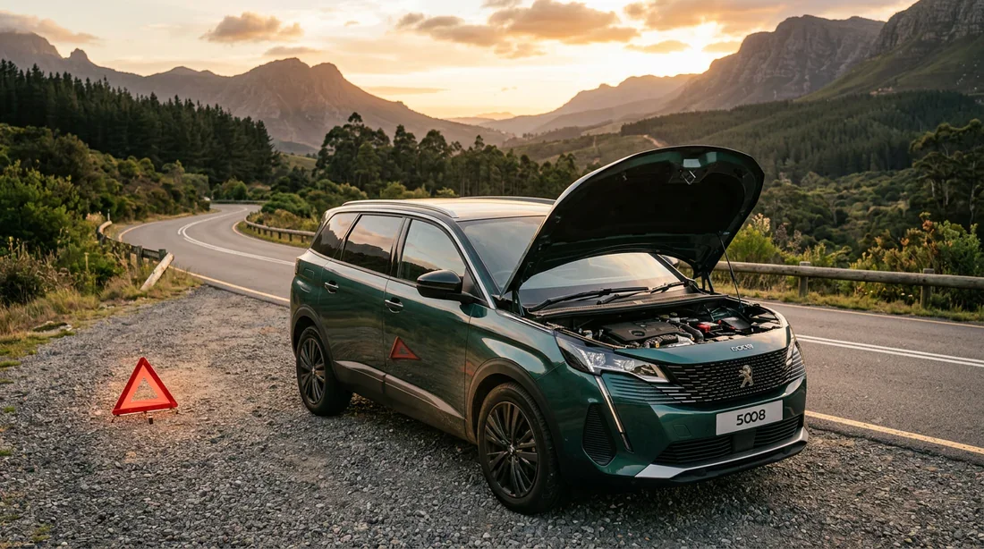 Panne et fiabilité du Peugeot 5008 Peugeot 5008 deuxième génération garée sur le bas-côté avec le capot ouvert et voyant d'avertissement