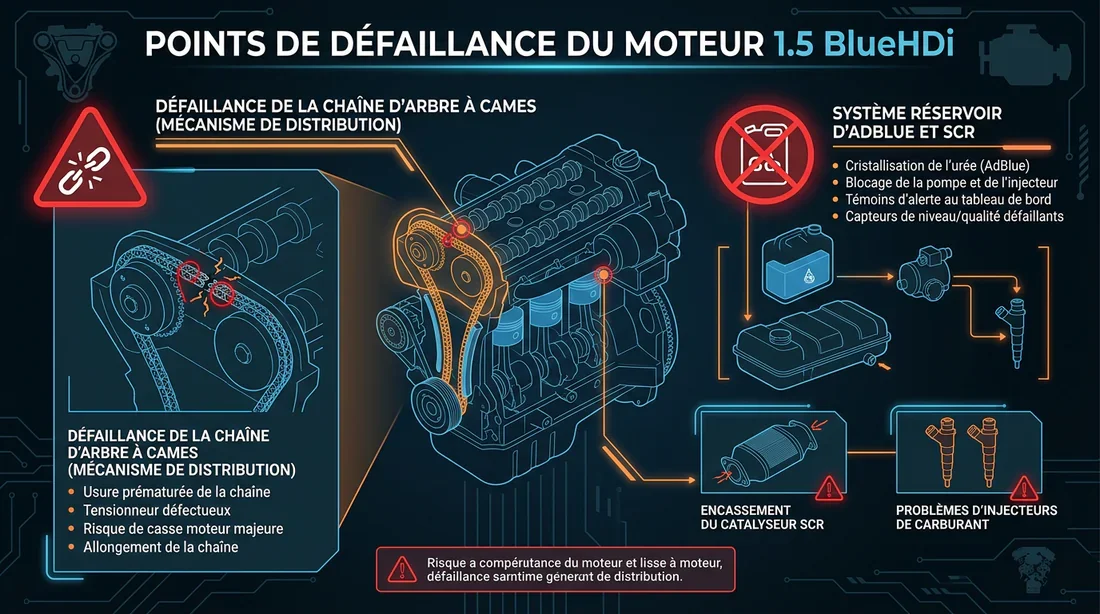 Problèmes chaîne et AdBlue 1.5 BlueHDi Schéma technique des problèmes du moteur 1.5 BlueHDi et réservoir AdBlue