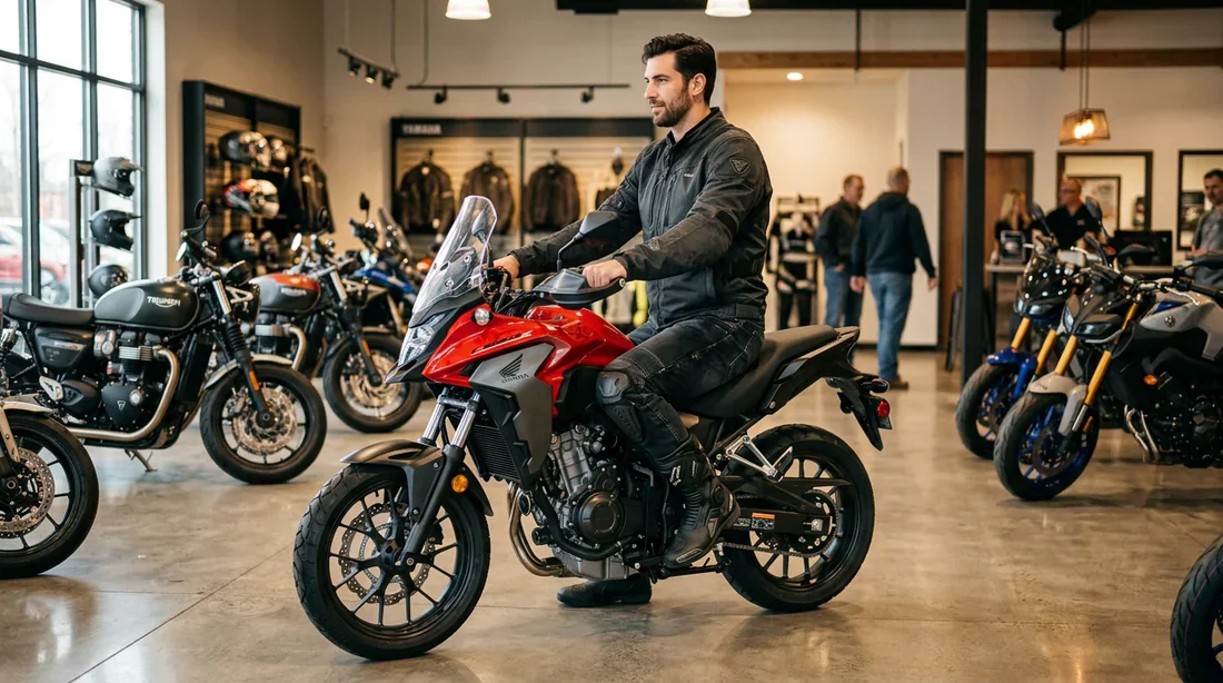 Homme de grande taille testant l'ergonomie d'une moto 125cc