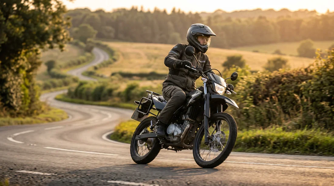 Un grand motard à l'aise sur une moto Trail 125cc sur une route de campagne