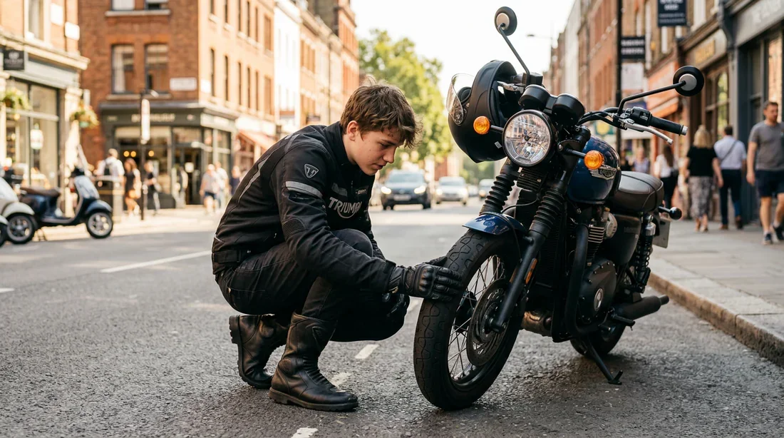 Adolescent effectuant les vérifications de sécurité sur sa moto 50cc