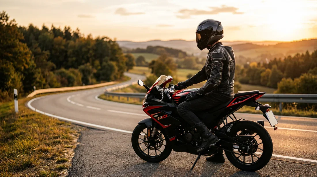 Adolescent sur une moto sportive 50cc rouge et noire sur une route de campagne ensoleillée