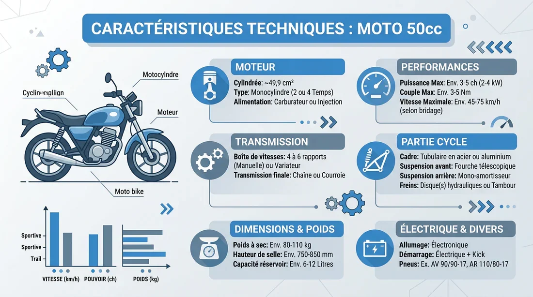 Infographie des caractéristiques techniques d'une moto 50cc