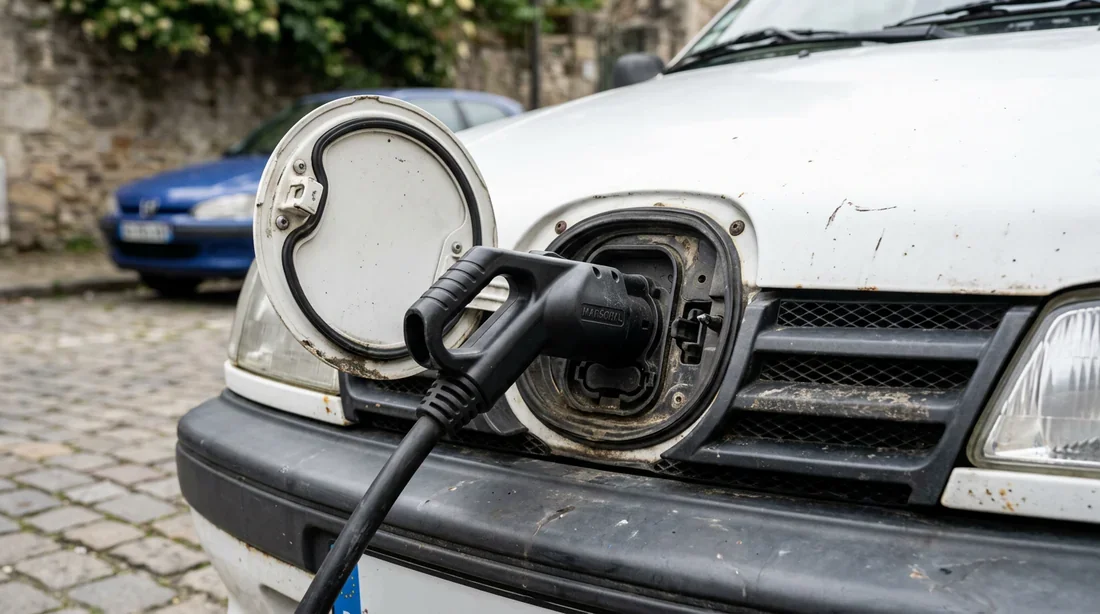 Détail de la trappe de recharge avant ouverte avec son câble connecté sur la Peugeot 106 électrique.