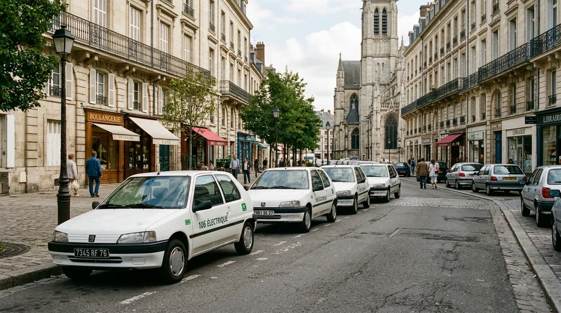 Flotte de Peugeot 106 électriques garées dans une rue française dans les années 1990.