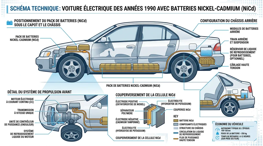 Infographie schéma technique montrant l'emplacement des batteries Nickel-Cadmium de la Peugeot 106 Électrique.