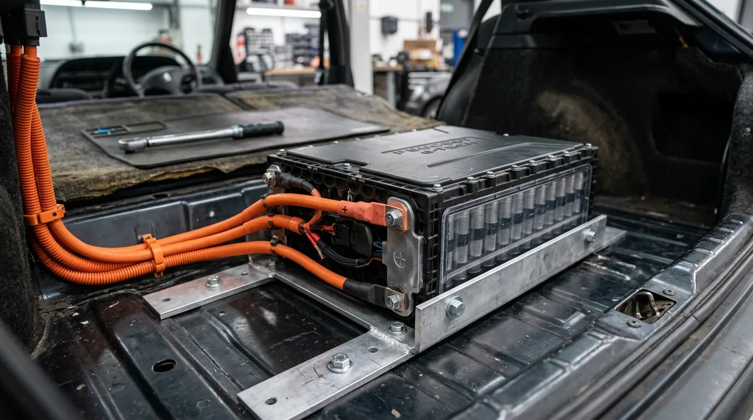 Installation de la batterie sur mesure dans le coffre d'une Peugeot 306 rétrofitée