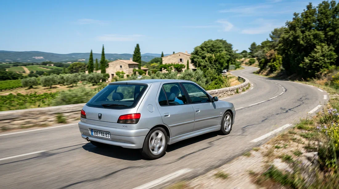 Peugeot 306 électrique en circulation sur une route de campagne