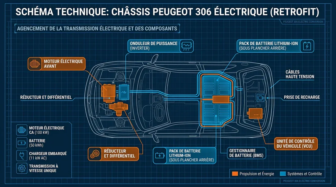 Schéma technique des composants du kit rétrofit électrique sur Peugeot 306