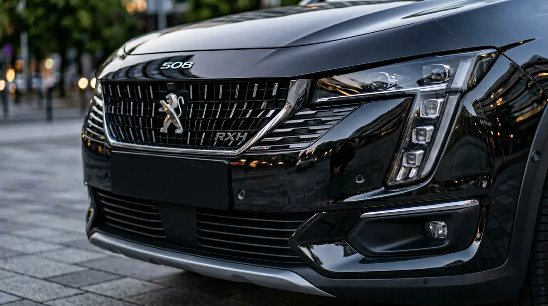 Peugeot 508 RXH en extérieur Peugeot 508 RXH garée sur une route de montagne au coucher du soleil