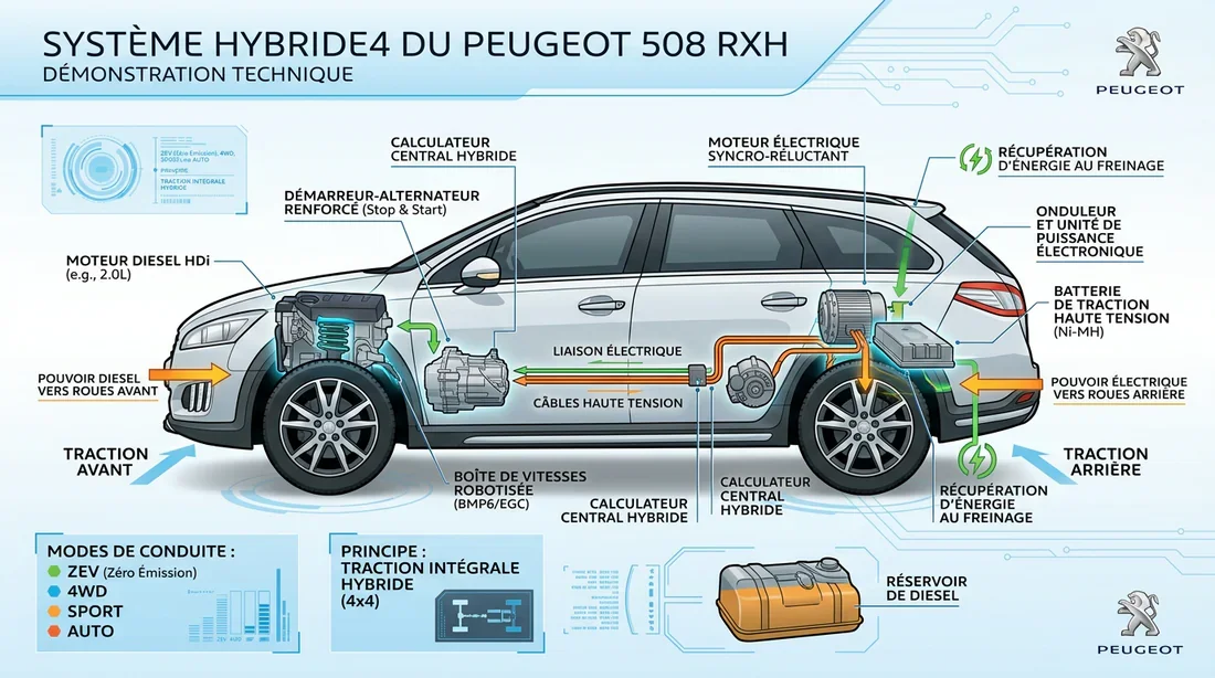 Technologie moteur hybride Schéma technique du système hybride de la Peugeot 508 RXH