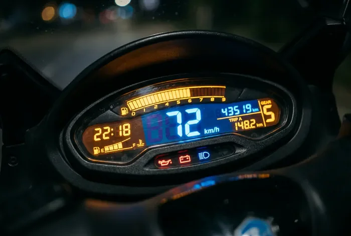 Gros plan sur le tableau de bord digital du scooter Piaggio X9 125