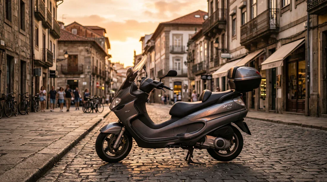 Piaggio X9 125 en ville Scooter Piaggio X9 125 stationné dans une rue urbaine au coucher du soleil