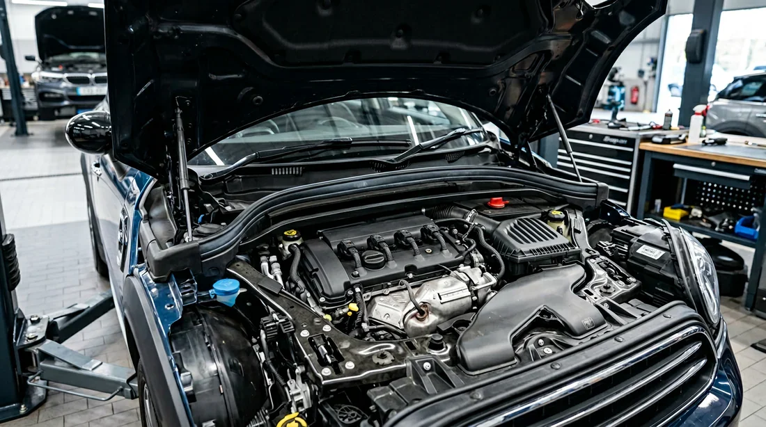 Mécanicien utilisant une valise de diagnostic sur une Mini