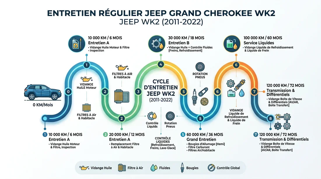 Cycle de maintenance périodique Jeep Infographie du calendrier d'entretien Jeep WK2