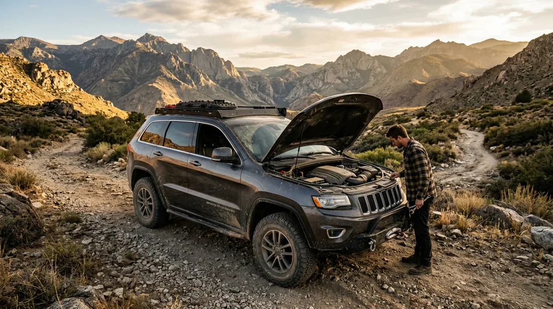 Jeep Grand Cherokee WK2 prêt pour l'aventure mécanique Jeep Grand Cherokee WK2 baroudeur avec capot ouvert en pleine nature