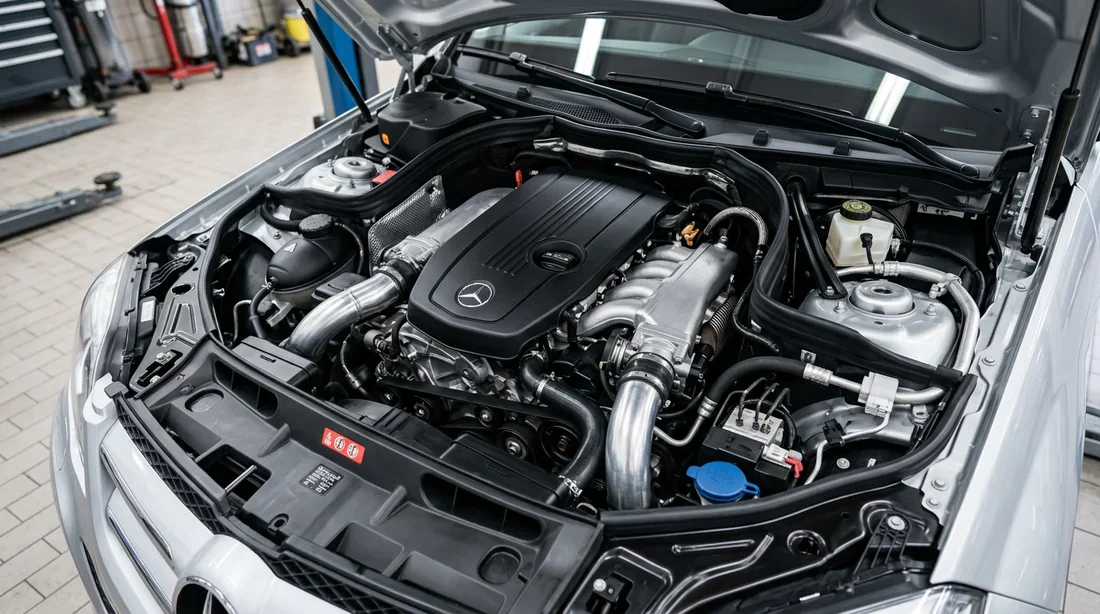 Moteur sous le capot d'un Mercedes GLK Phase 2
