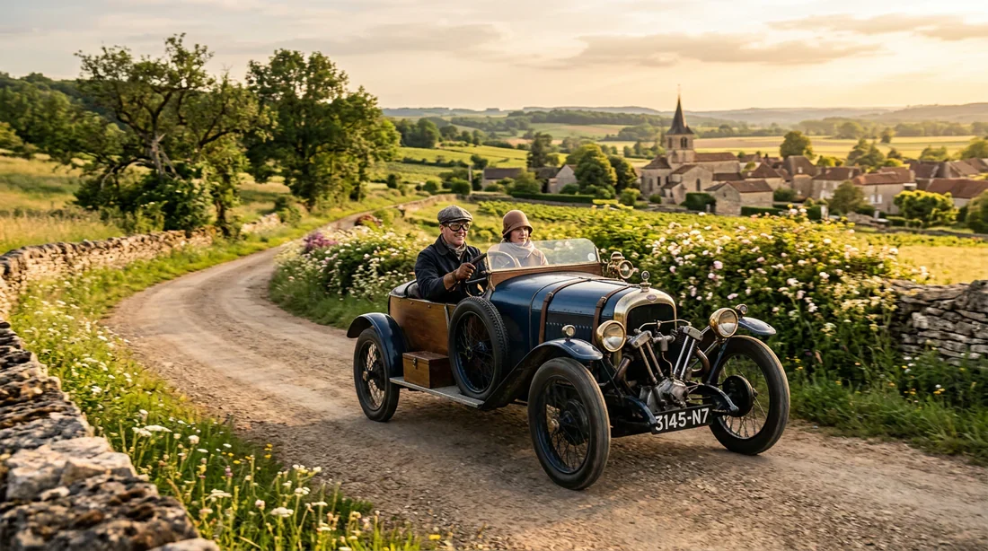 Cyclecar français vintage des années 1920 roulant sur une route de campagne
