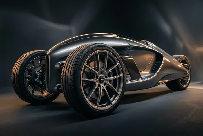 Gros plan sur l'essieu avant et la carrosserie profilée à trois roues d'un véhicule concept