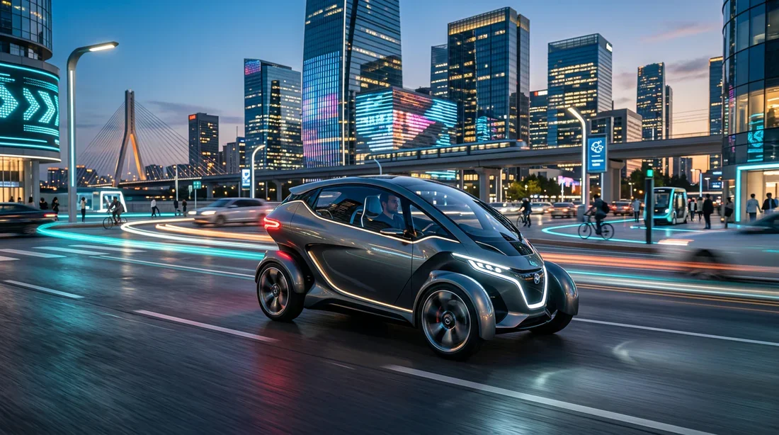 Pod électrique à trois roues circulant dans une métropole moderne