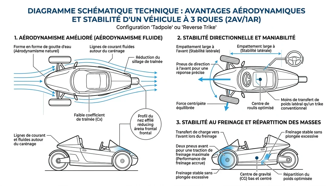 Schéma technique expliquant l'aérodynamisme et la stabilité de l'architecture 3 roues