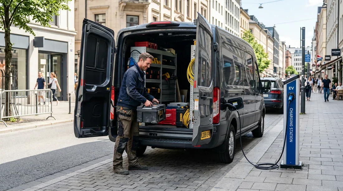 Utilitaire électrique professionnel pour artisan Artisan chargeant du matériel à l'arrière d'un utilitaire électrique en centre-ville