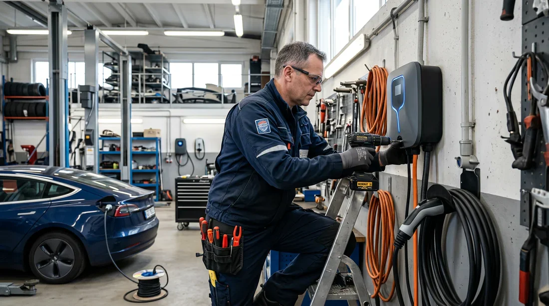 Infrastructures de recharge pour flotte utilitaire Installation d'une borne de recharge rapide dans un atelier professionnel