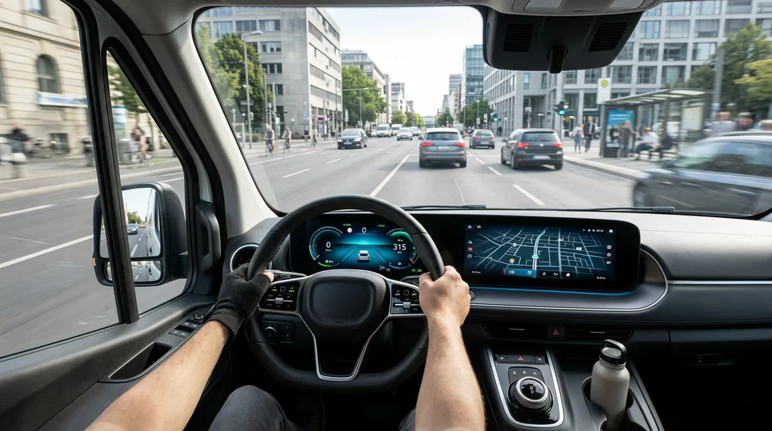 Conduite et autonomie d'un utilitaire électrique Tableau de bord moderne d'un utilitaire électrique en circulation