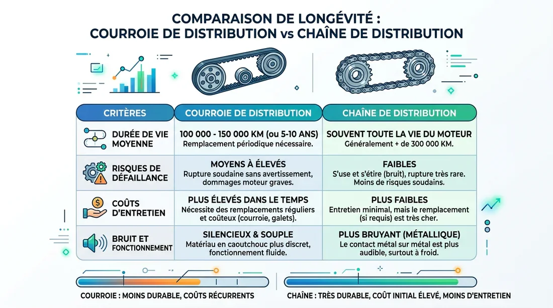 Infographie comparative durée de vie chaîne vs courroie