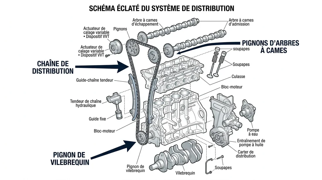 Schéma technique des composants d'une distribution à chaîne